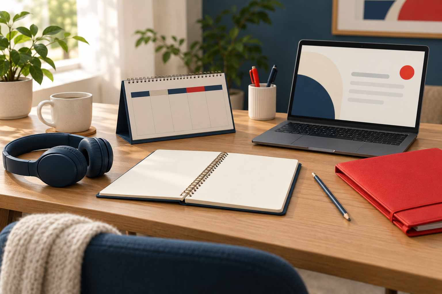Conceptual AI illustration of a private planning desk with blank notebook, calendar and headphones