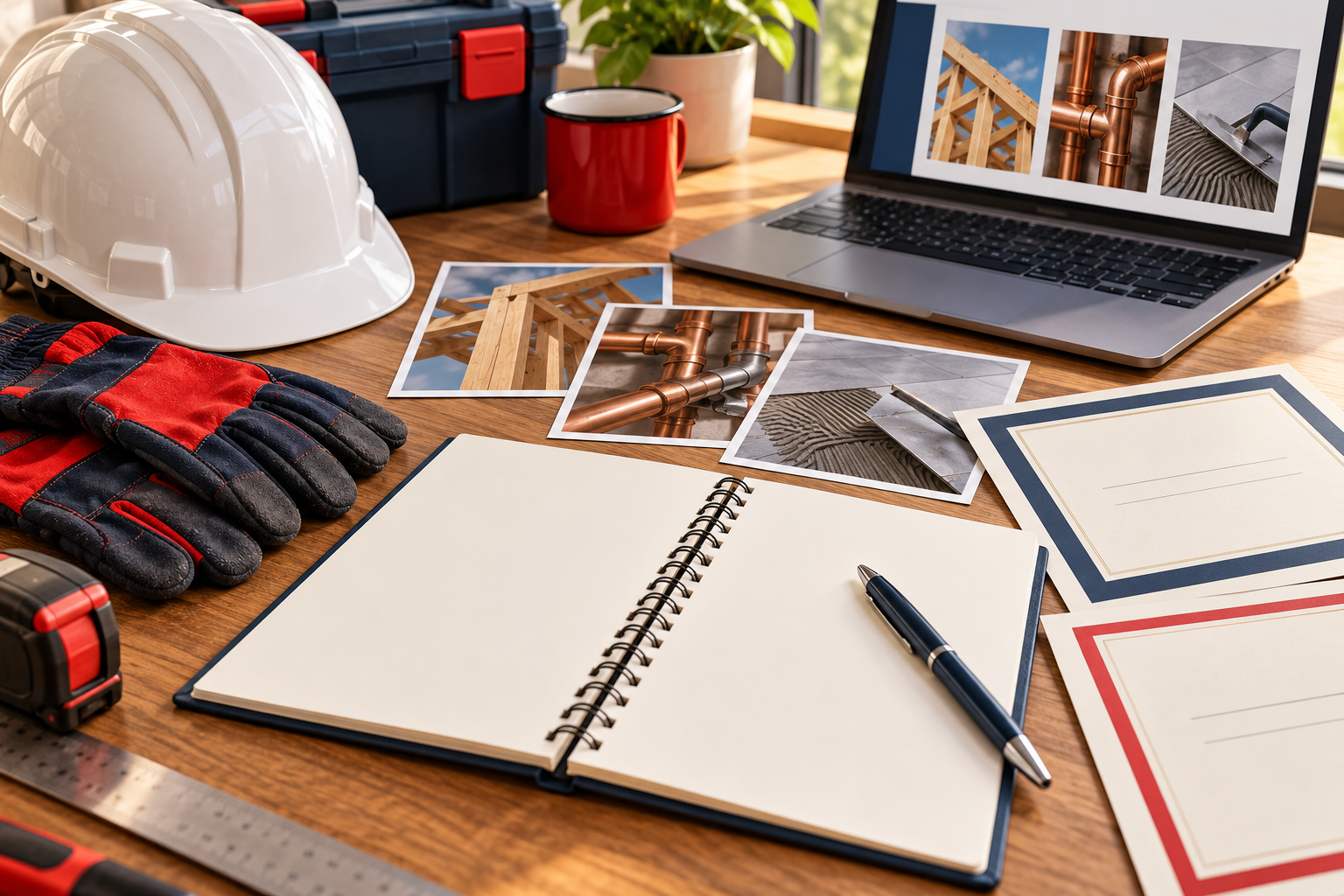 Conceptual AI illustration of a private portfolio-evidence desk with blank notebook, photographs and safety equipment
