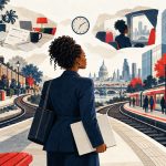 Changing jobs for a pay rise: conceptual illustration of a professional weighing commuting and household costs