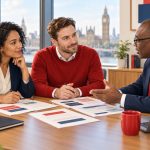 UK gender pay gap by occupation 2026: conceptual AI illustration of professionals discussing role and pay evidence