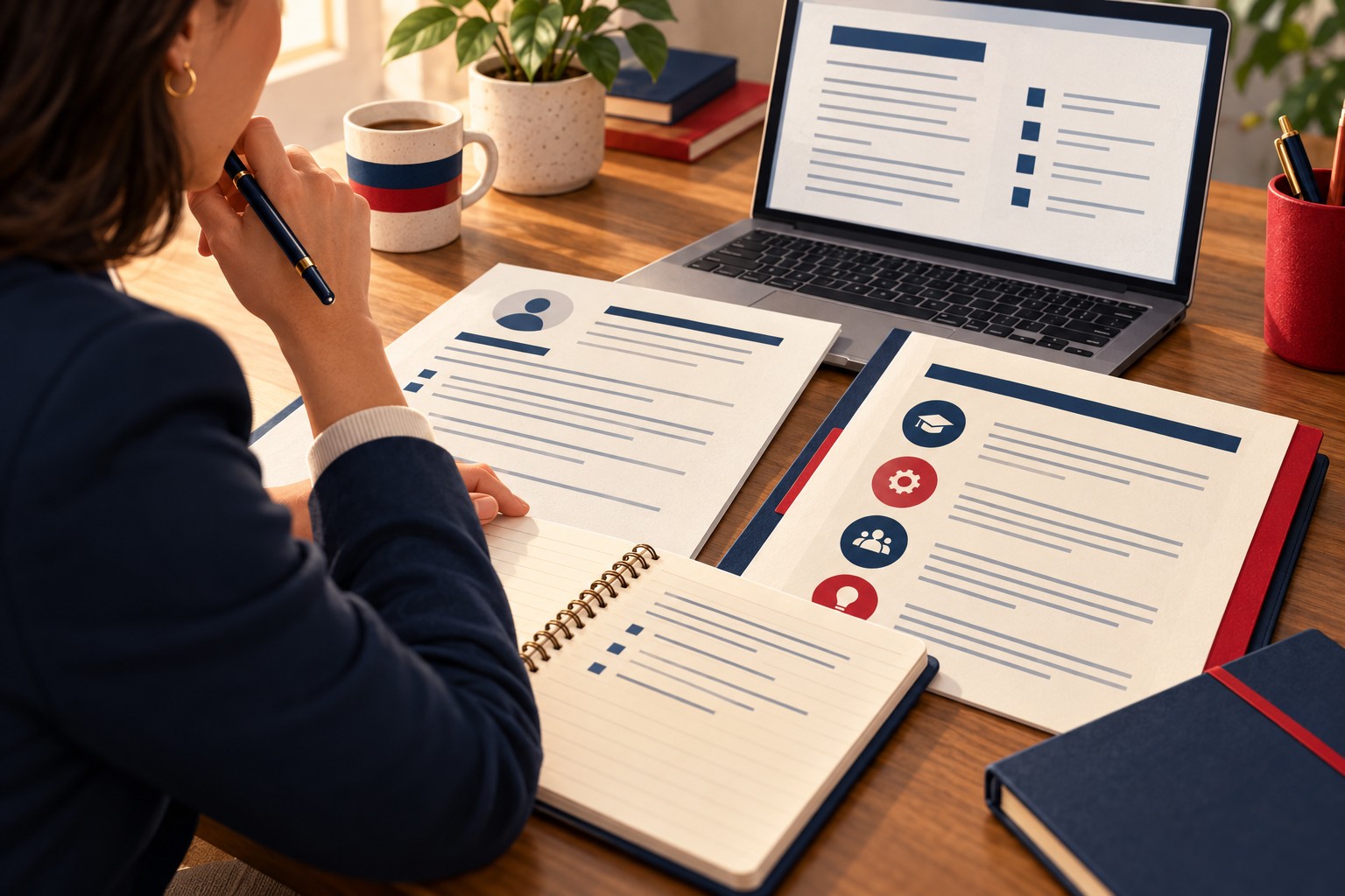 Conceptual AI illustration of a professional preparing role and portfolio evidence for a pay discussion
