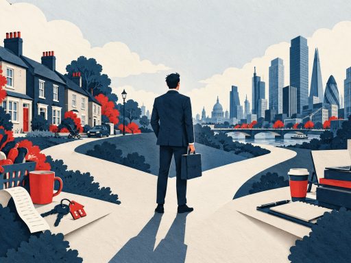 UK pay vs inflation: conceptual illustration of a mid-career professional weighing household costs and career options