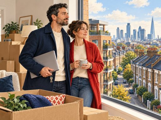 Pay after rent: conceptual illustration of a mid-career couple weighing a move for work