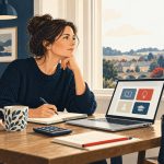 Retraining at 40: conceptual illustration of an adult studying at home while planning a career change