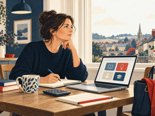 Retraining at 40: conceptual illustration of an adult studying at home while planning a career change