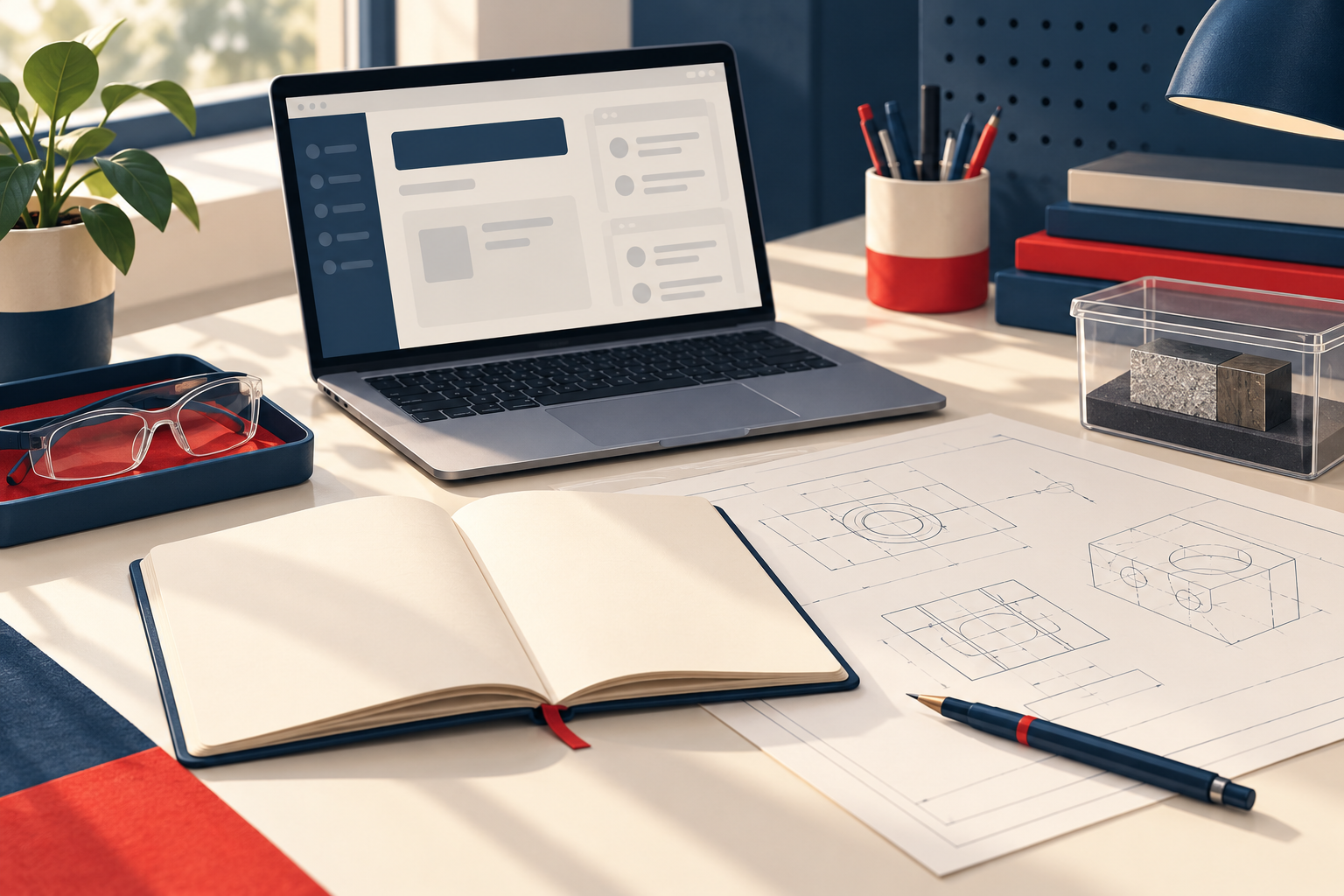 Conceptual AI illustration of a science and engineering planning desk; not a real employer or statistical evidence
