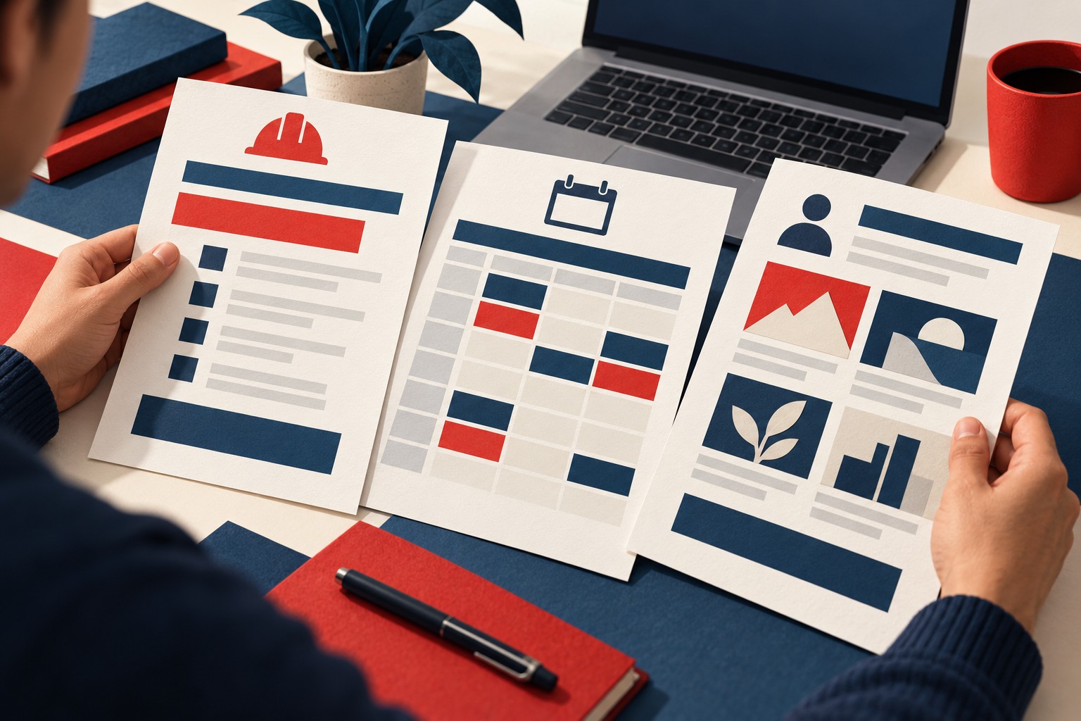 Conceptual AI illustration of a learner comparing an offer, training timetable and portfolio